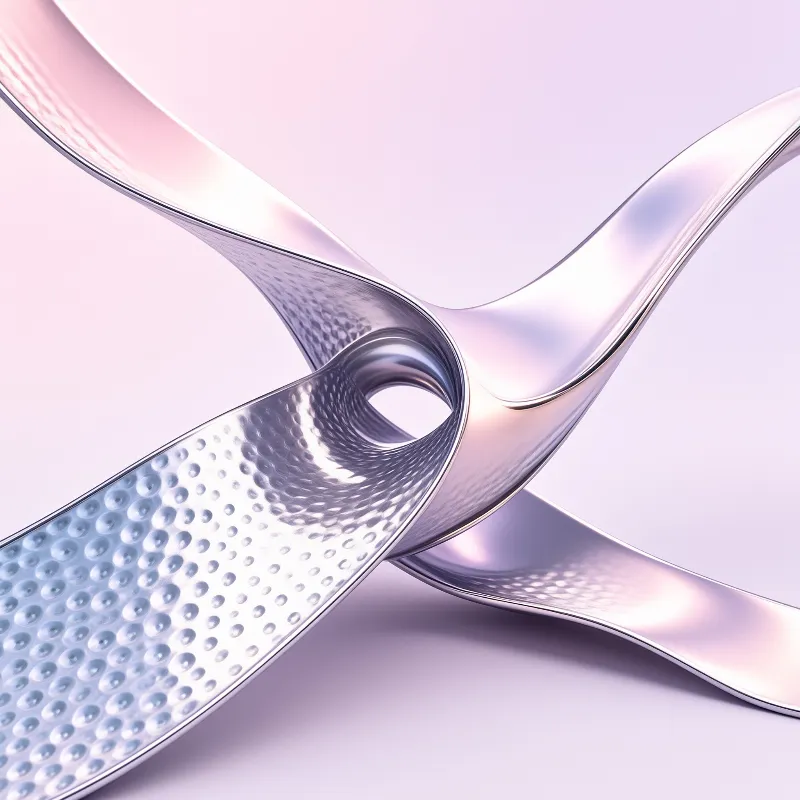 A twisted silver metal ribbon featuring a dimpled texture curves across a smooth soft lavender background with lighting.