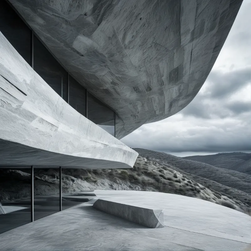 A sweeping raw concrete pavilion with large glass walls extends over a barren hilly slope beneath grey overcast skies.