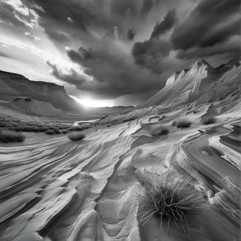 A monochrome view of eroded ground patterns with scattered dry grasses under a cloudy sky pierced by sun rays.