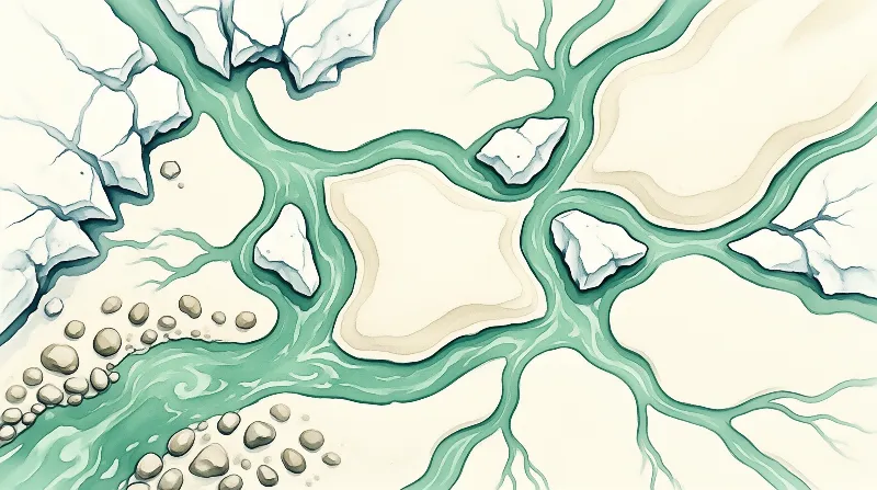 An aerial illustration of turquoise waterways splitting and rejoining over pale sandbanks and scattered grey stones.