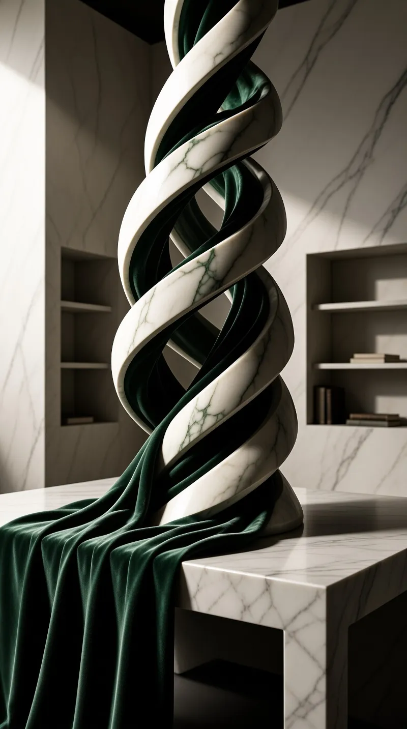 A twisted marble and green velvet sculpture stands on a white table in a minimalist room with soft side lighting.