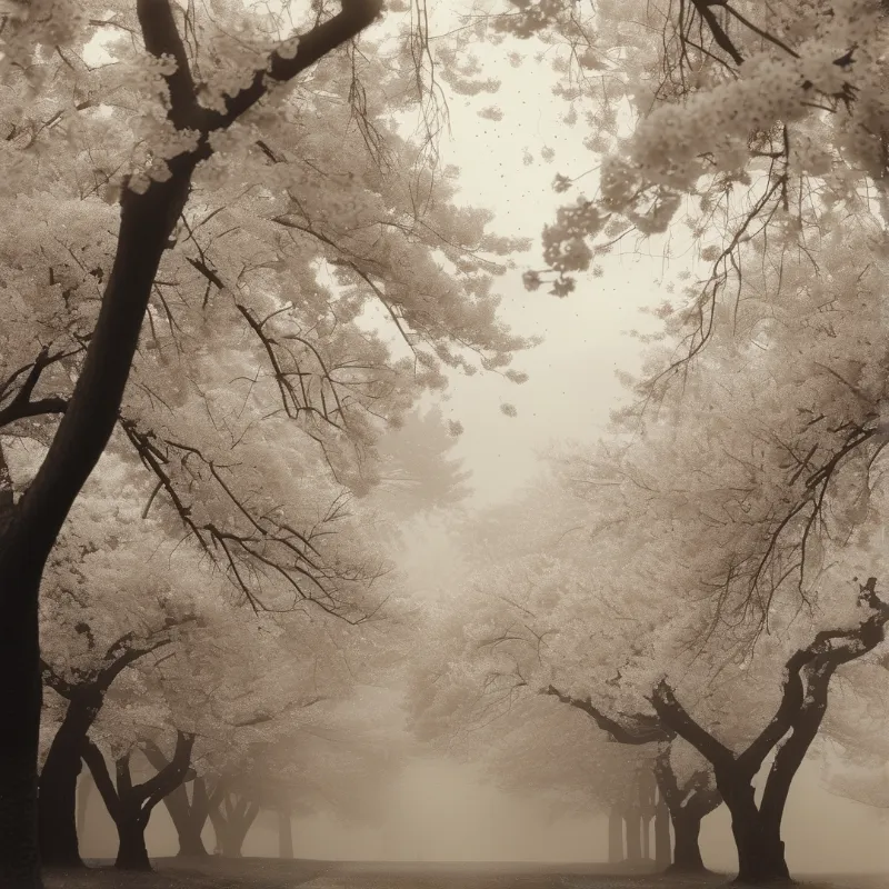 A sepia toned photograph of blooming cherry trees framing a misty path surrounded by thick fog.