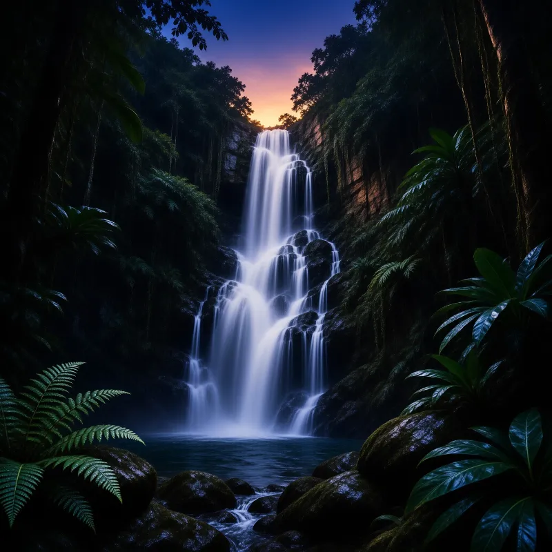 A tall waterfall flows down rocky cliffs surrounded by lush green vegetation under a twilight sky.