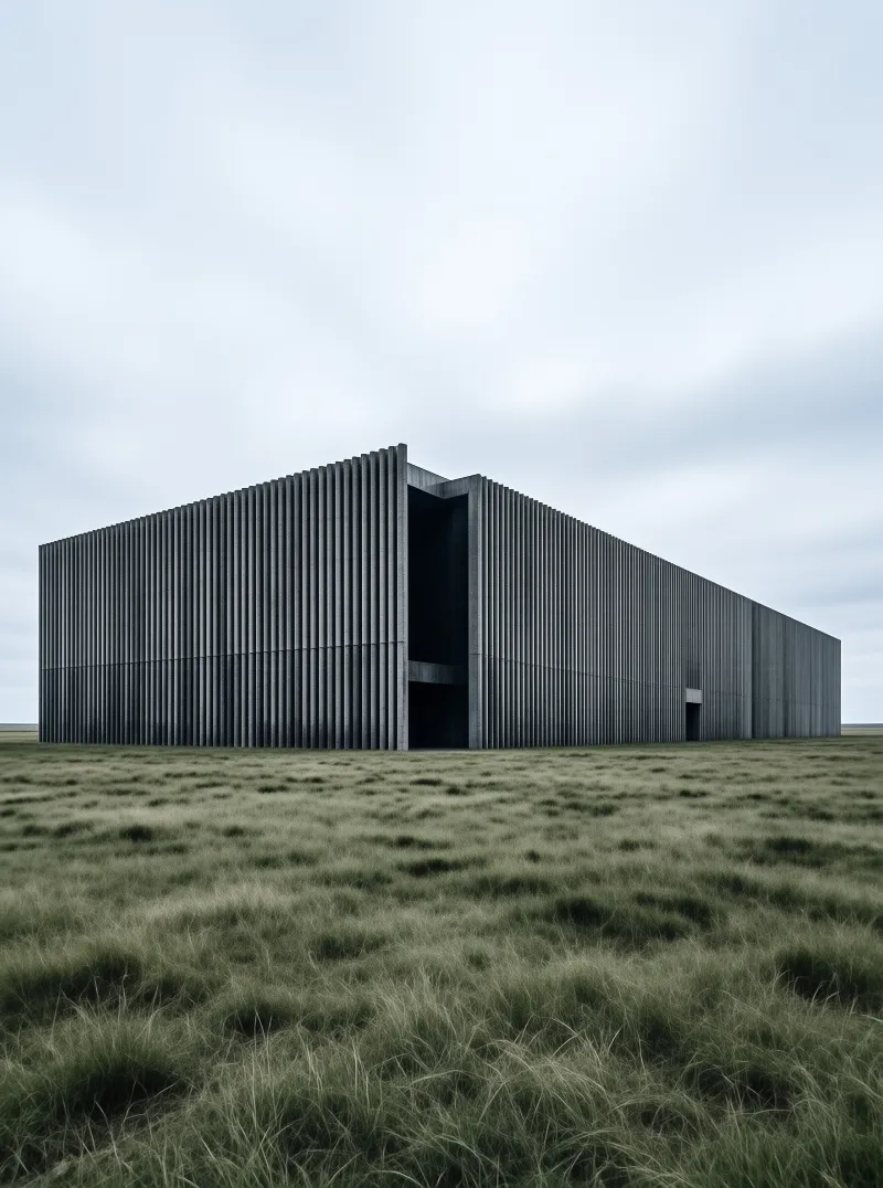 A long low building clad in dark vertical concrete fins stands alone in windswept dune grass under a pale overcast sky