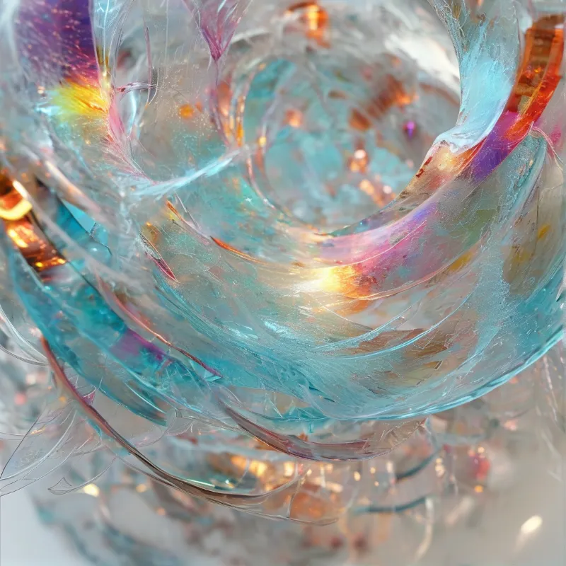 Curved translucent glass layers refract light into swirling patterns of teal, violet, and warm orange tones.