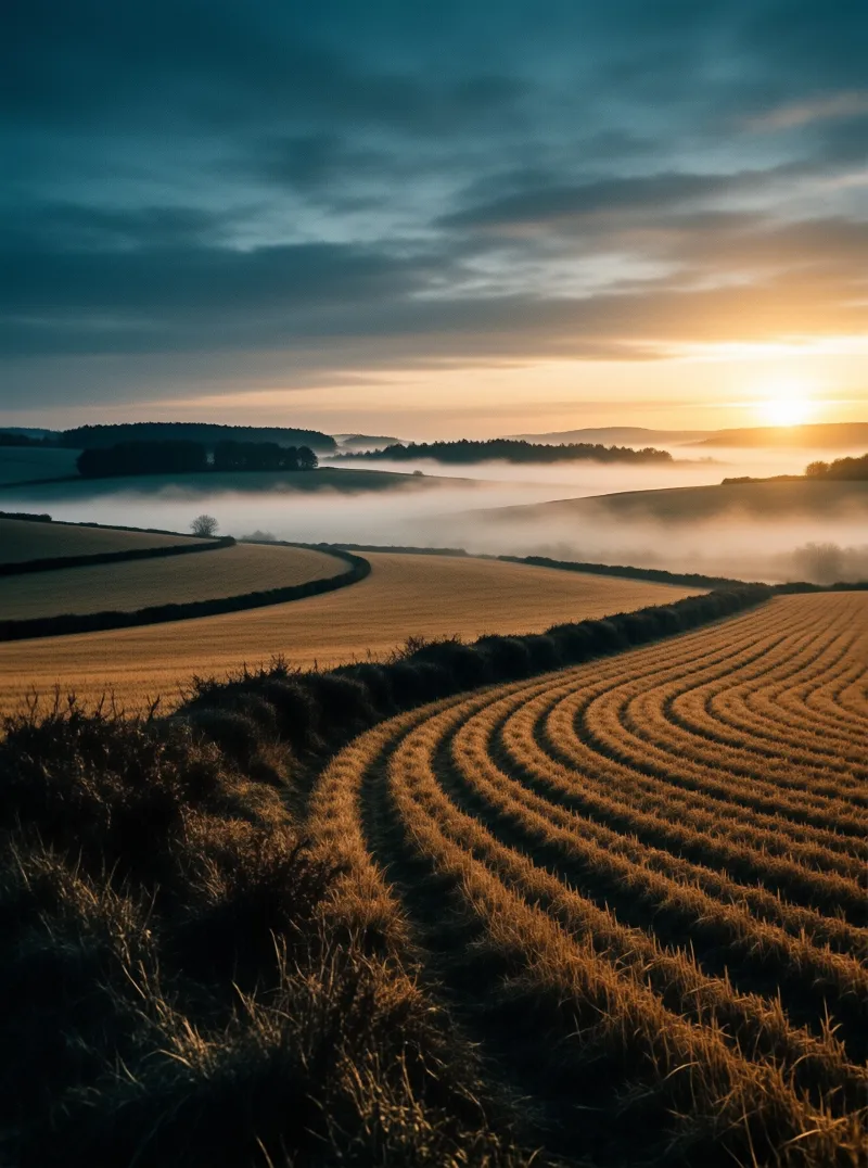 Golden agricultural fields with curved rows stretch through a misty valley illuminated by the bright sun.