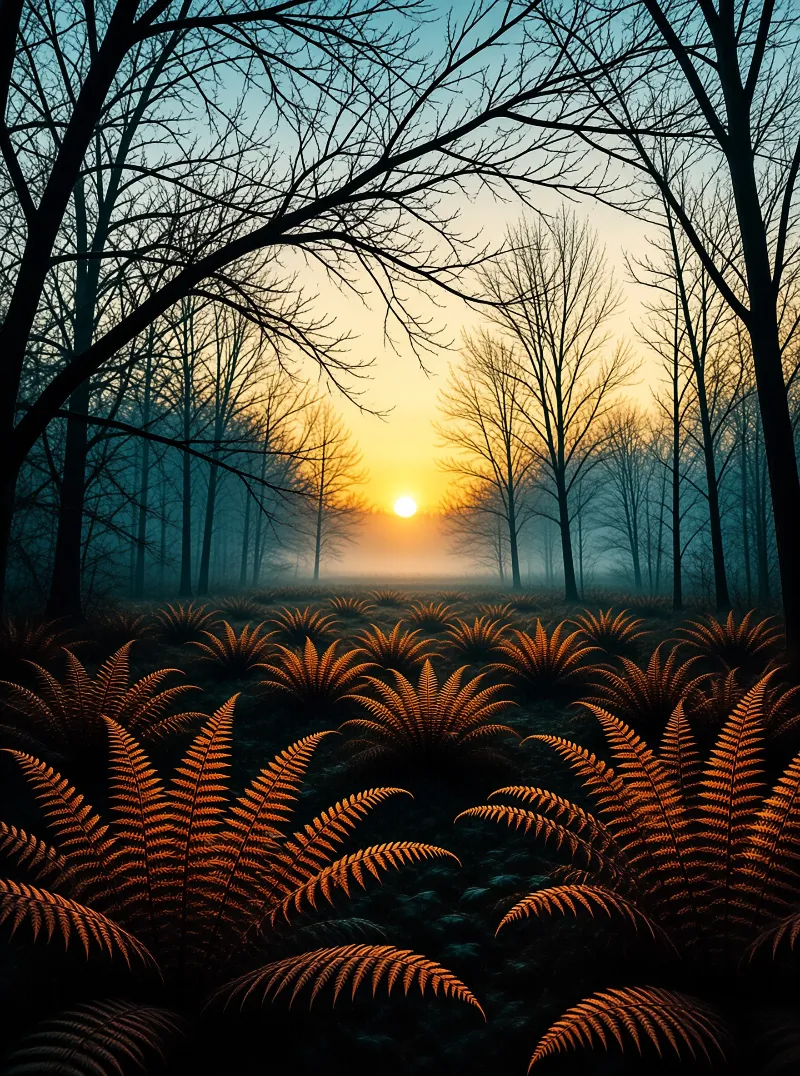 Dense orange ferns cover the floor while bare trees stand silhouetted against a glowing misty sunrise in the distance.