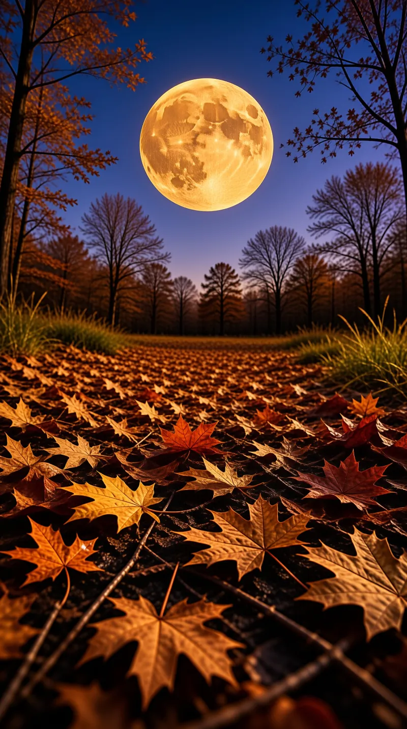 Glowing full moon dominates the night sky above a landscape thick with fallen maple leaves.