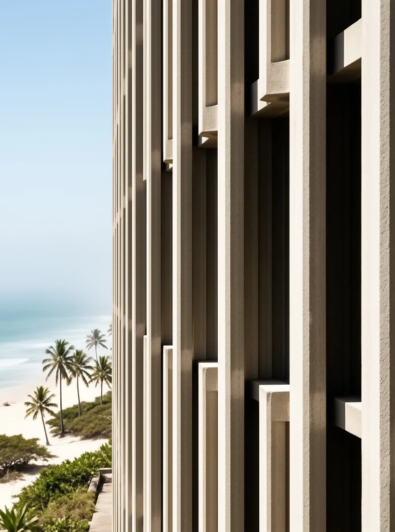 Vertical beige concrete slats form a textured foreground frame that partially reveals a sunny tropical beach with white sand, palm trees, and turquoise ocean water under a clear blue sky.