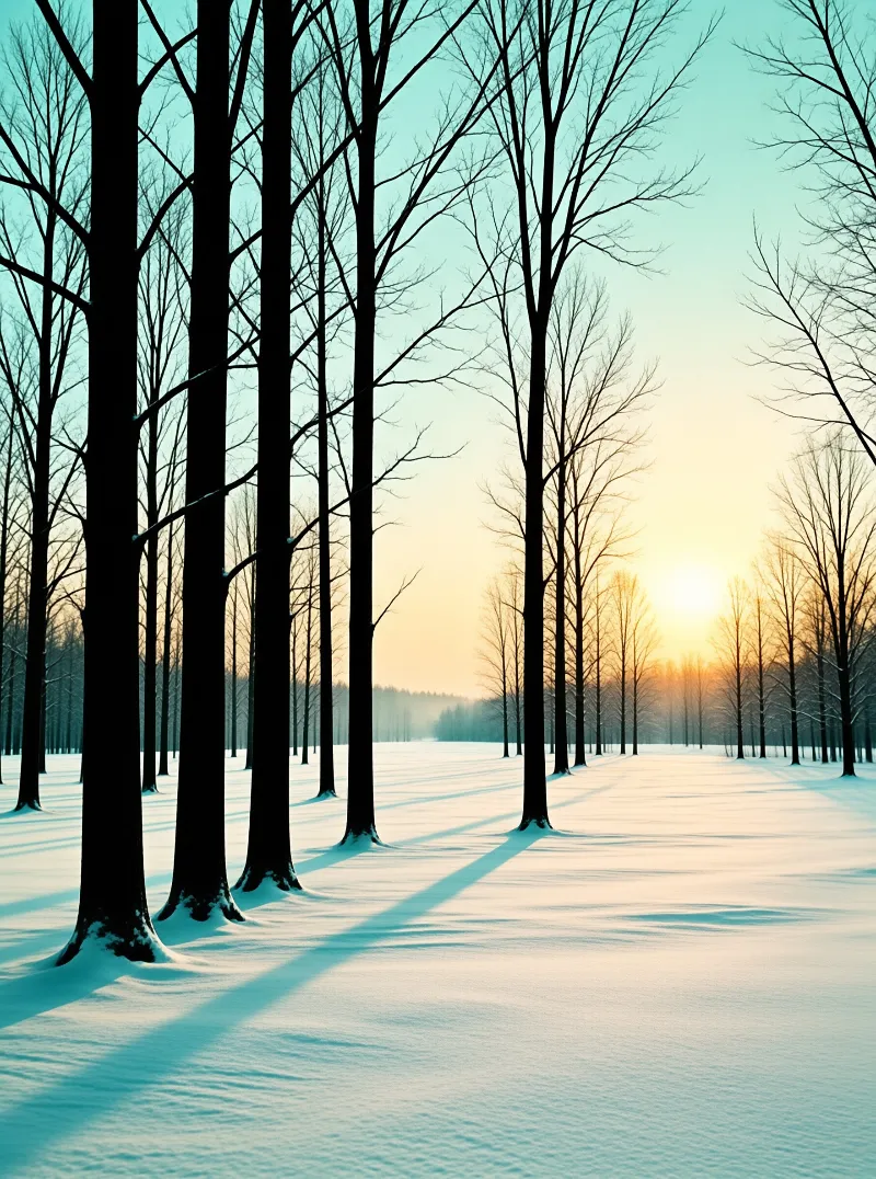 Rows of dark leafless trees stand on white snow while the sun shines low on the horizon creating long blue shadows.