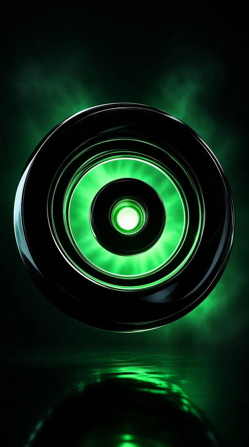 A futuristic circular device emits bright green light while floating above a reflective surface.