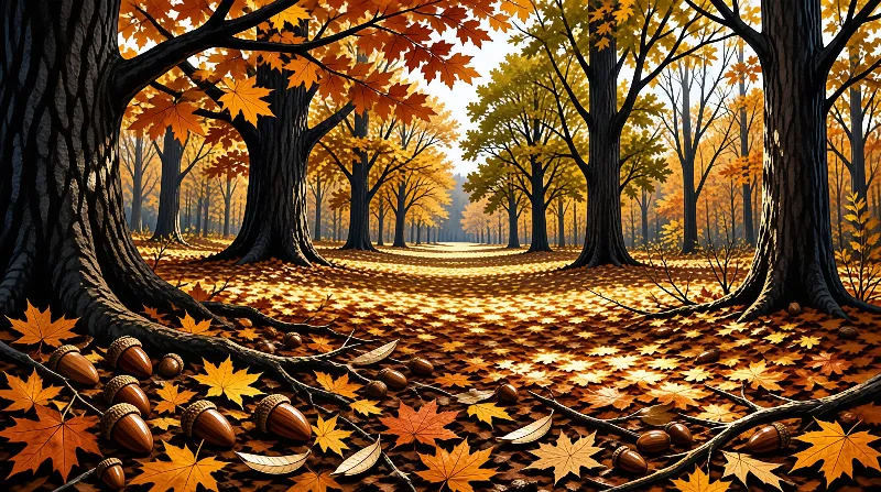 A winding path through an autumn forest covered in fallen leaves and acorns under bright sunlight.