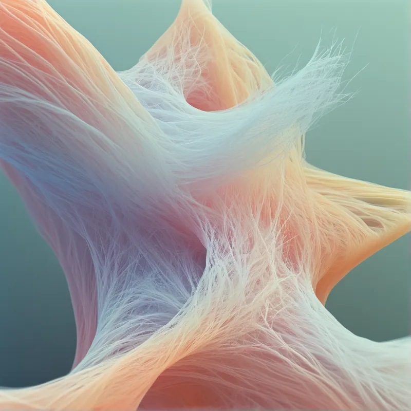 Fine silk-like fibers flow and twist in peach, blue and cream against a teal background.