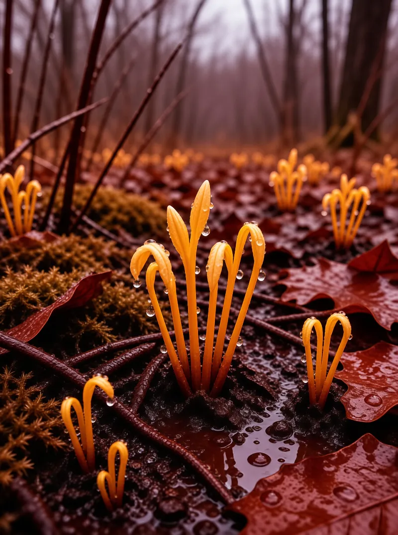 Bright yellow fungi sprout from dark wet soil surrounded by moss and red leaves under soft diffuse lighting.