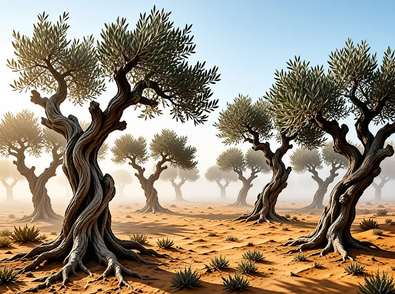 Gnarled olive trees with exposed tangled roots grow in rippled sandy desert, fading into warm hazy distance under a pale blue sky.