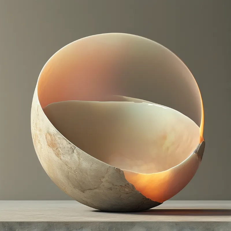 A rough stone sphere with a large opening shows a warm glowing interior resting on a flat surface against a gray background.