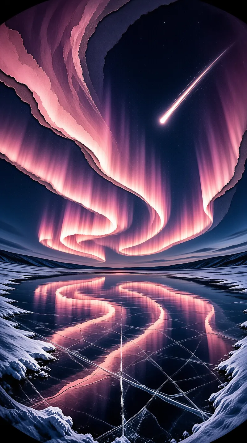 Ribbons of rose-colored aurora swirl across a night sky and mirror in a cracked frozen lake beneath a shooting star.