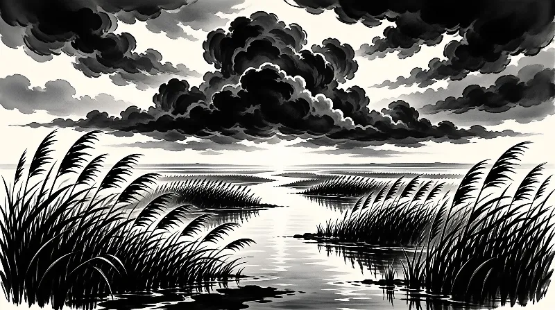 Monochrome wetland scene with tall silhouetted reeds framing a calm channel under heavy billowing clouds.