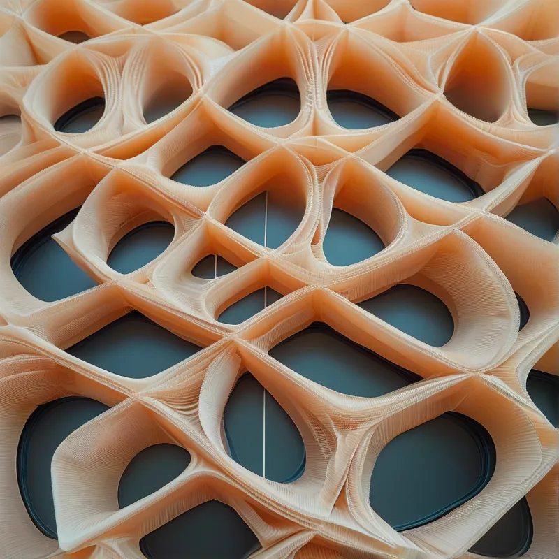 Rows of pale printed ribs arch into rounded cells above a shadowed teal surface, lit from the upper left.
