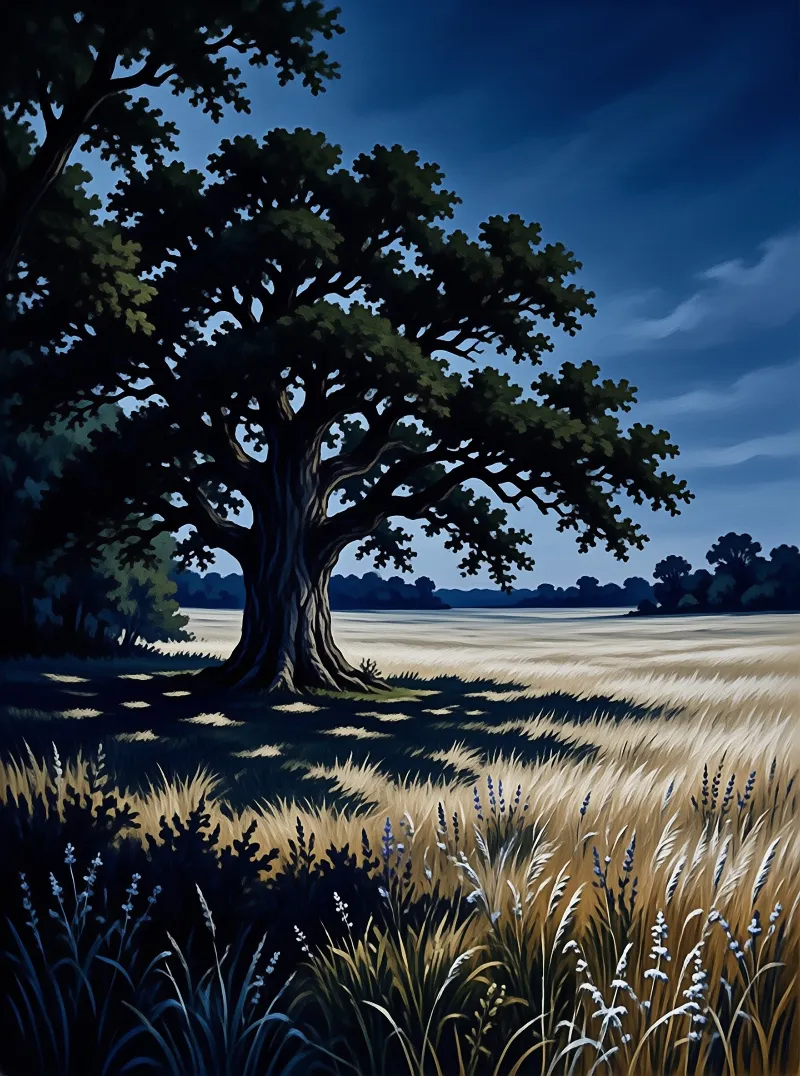 A gnarled old oak casts long dark shadows across a golden wheat field under a fading deep blue evening sky.