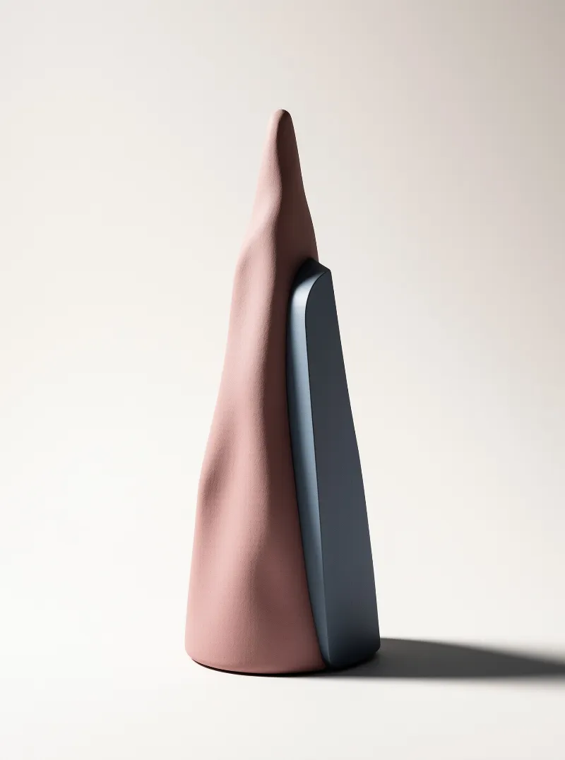 A peachy clay cone and a slate blue cone rest against each other on a pale seamless floor.