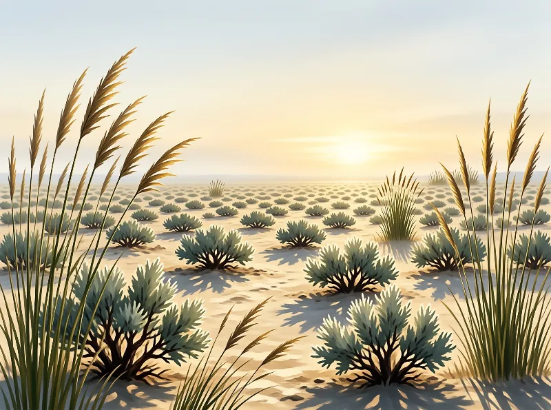 Tall golden reeds frame the foreground while small green shrubs dot the expansive sandy desert under a bright sunrise.