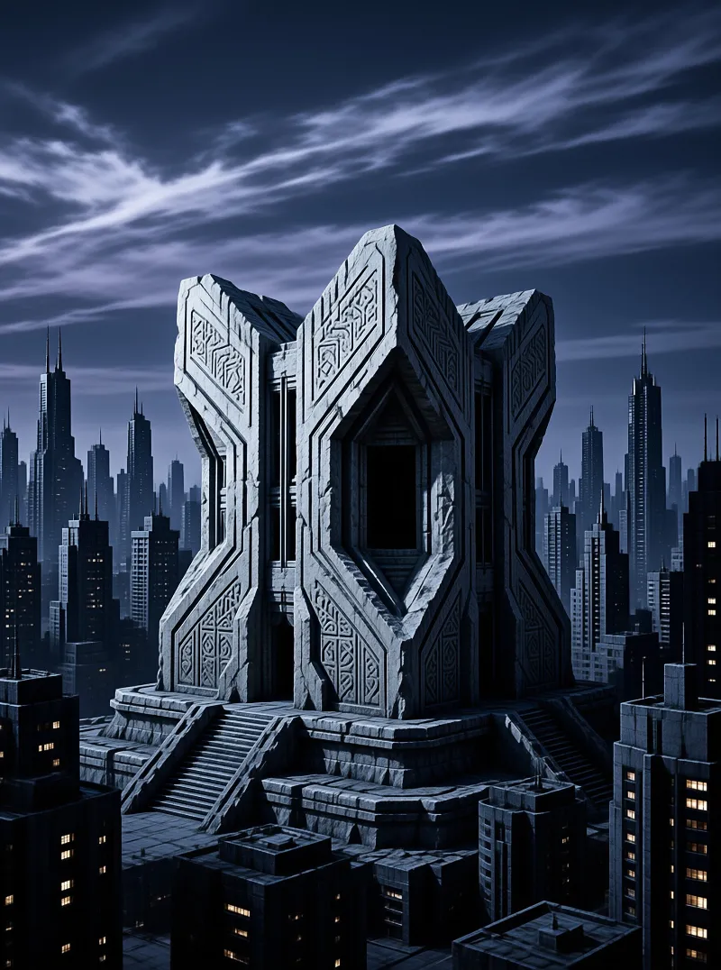 A carved stone monument with geometric relief patterns towers over a dark city skyline under a moonlit cloudy sky.