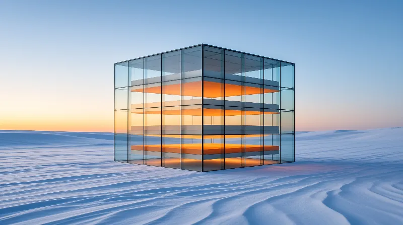 A glass cube rests on rippling sand dunes beneath a gradient sky, showing bright orange shelves within.