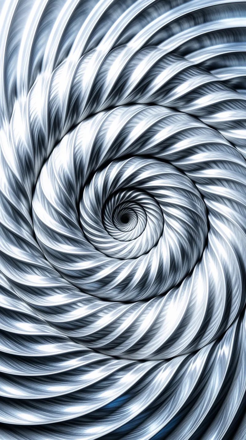 Twisted silver forms spiral inward toward a dark center with bright reflections curving along the fibrous texture.