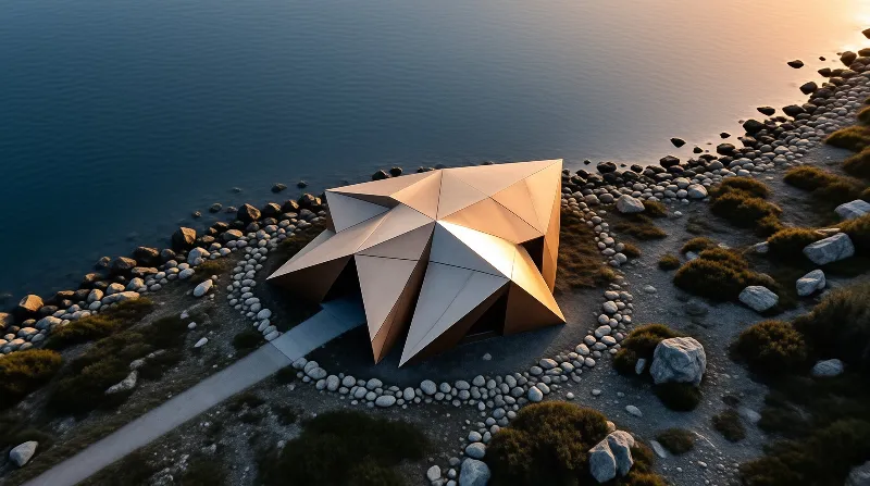 A star-shaped building with metallic panels stands on a pebble path beside calm water in warm evening light.