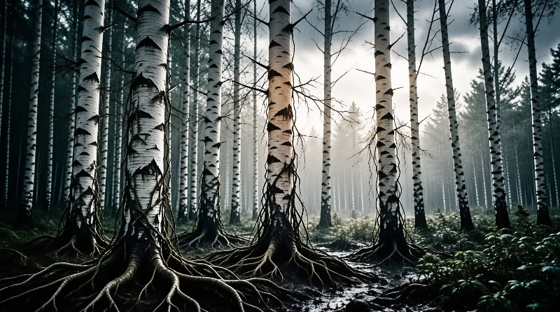 Dense birch trees with thick exposed roots cover the forest floor beneath misty light.