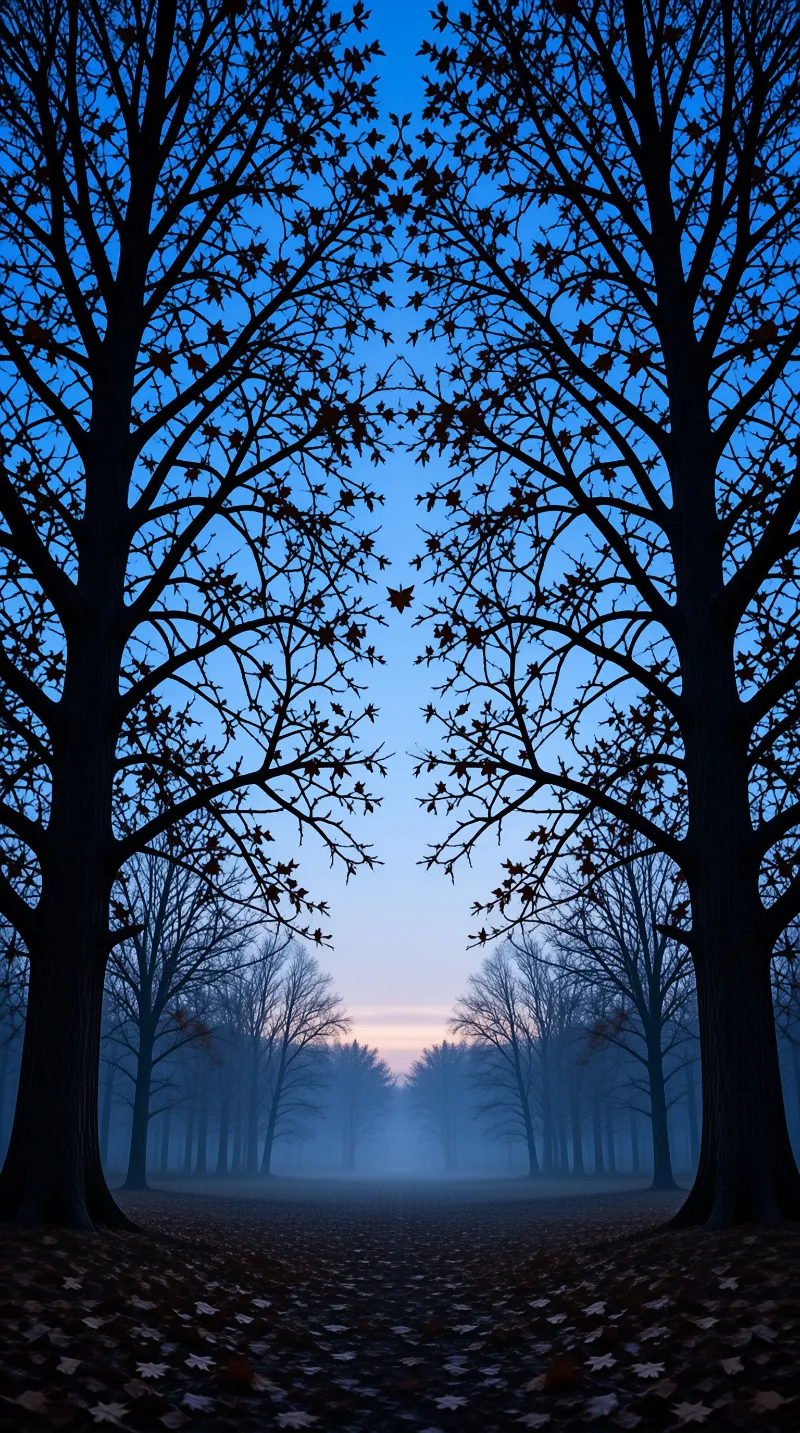 Silhouetted trees frame a misty forest path under a deep blue sky with a faint horizon glow.