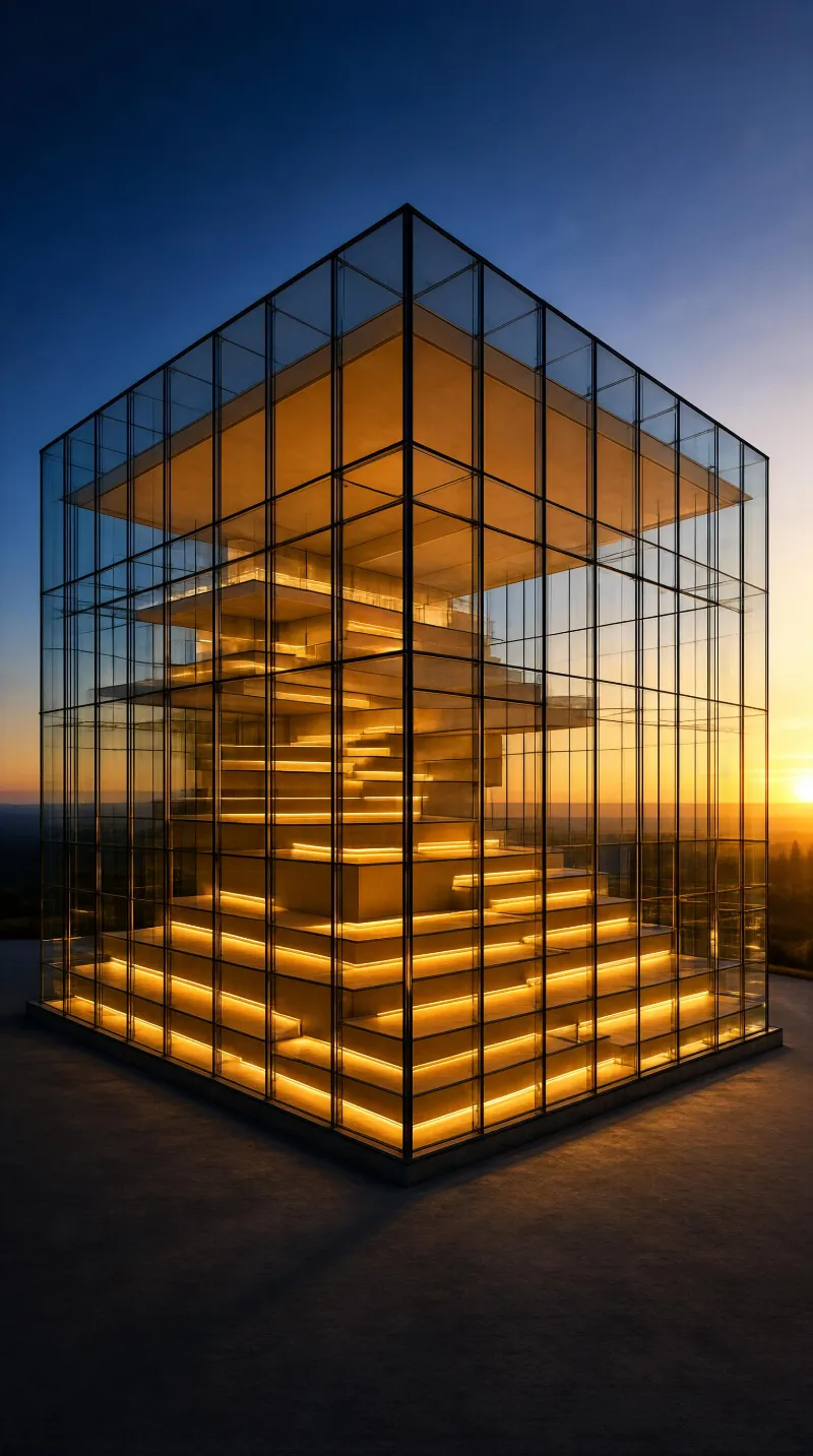 A modern glass cube structure with a central staircase, illuminated by warm golden light during sunset, set against a darkening sky.
