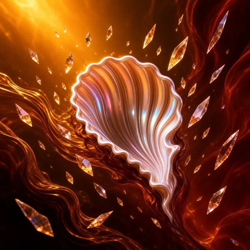 A glowing pearlescent shell hovers amidst swirling amber waves and scattered diamond shards illuminated by warm backlighting.