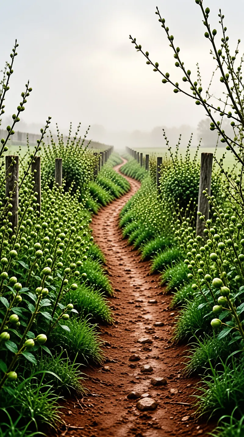 A reddish brown trail curves deeply into a foggy field lined with wooden posts and lush green vegetation.