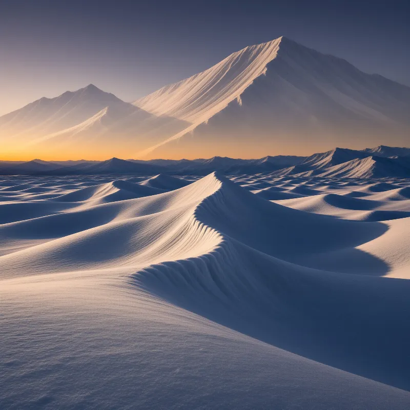 Rolling snow dunes in the foreground lead the eye toward towering mountain peaks illuminated by warm sunset light.