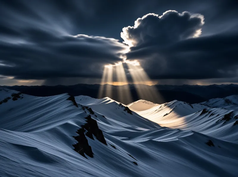 Dark storm clouds hover above wind sculpted snow mountains while golden beams shine down on the peaks.
