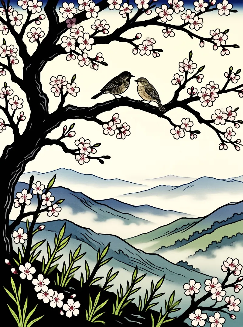 Japanese woodblock-style scene of two small birds on a dark branch amid pink cherry blossoms above misty blue mountains