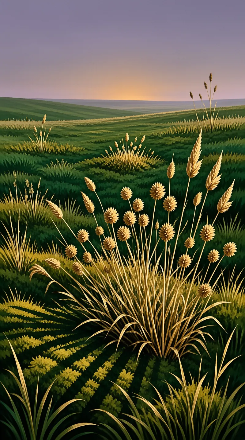 Golden grasses with spiky seed heads rise before rolling green hills under a warm twilight sky.