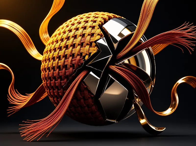 Woven orange sphere breaks revealing glossy black metal while golden ribbons stream outwards.