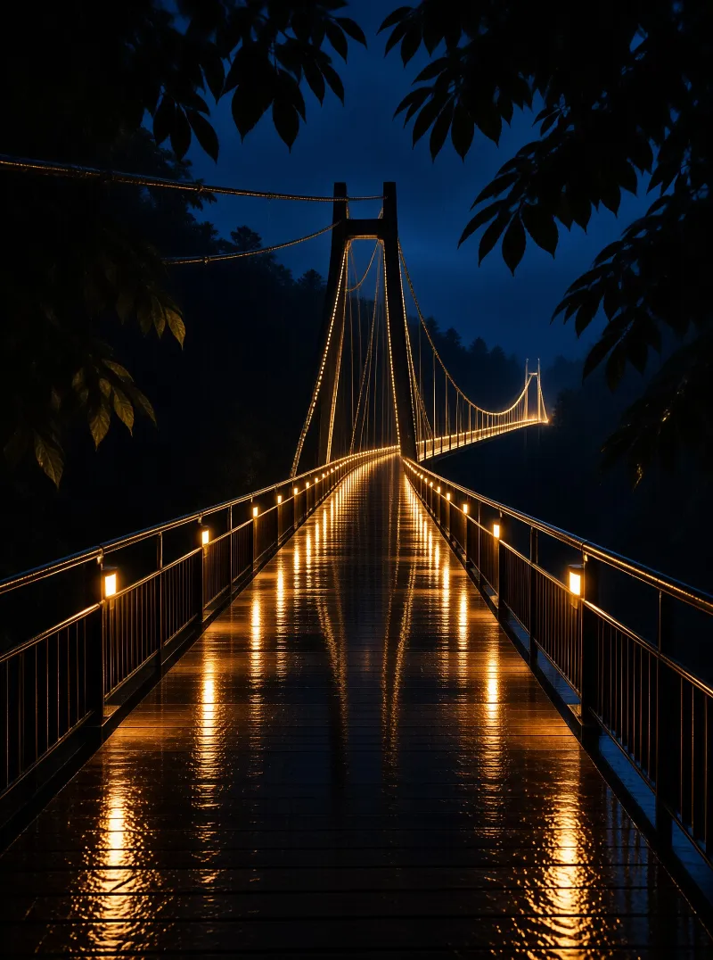 Warm lamps line a wet wooden walkway that runs toward the towers while dark leaves frame the blue evening sky