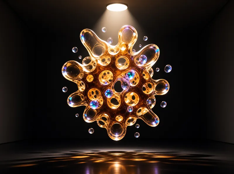 A glowing amber structure resembling bubbles floats in a dark room illuminated by a single overhead light source.