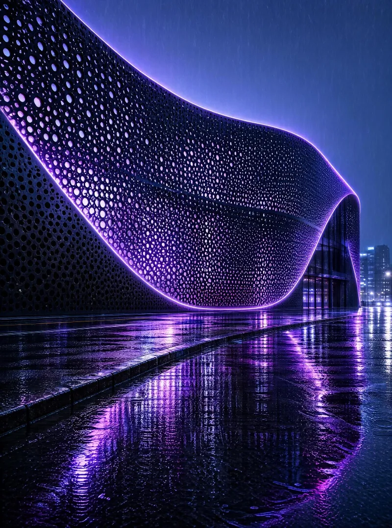 A curved building with a perforated facade glowing purple stands under a rainy night sky, its reflection shimmering on the wet pavement.