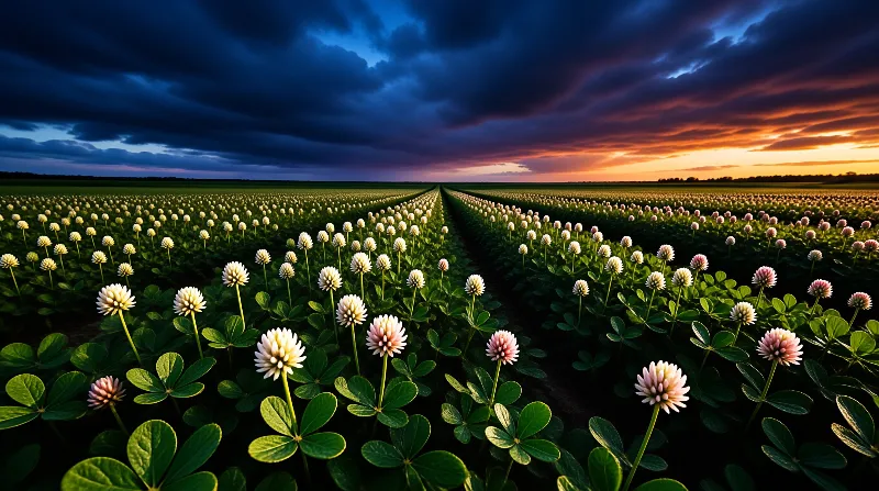 Neat rows of white clover stretch across a field beneath a sky with dark blue clouds and a bright orange sunset horizon.