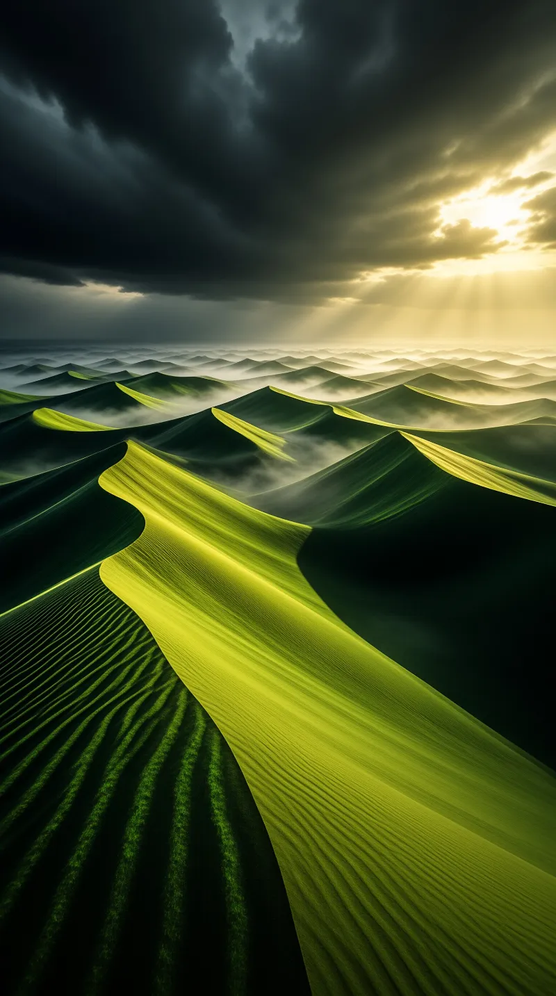 Waves of vivid green sand dunes stretch to the horizon while golden light spills from a dark storm sky.