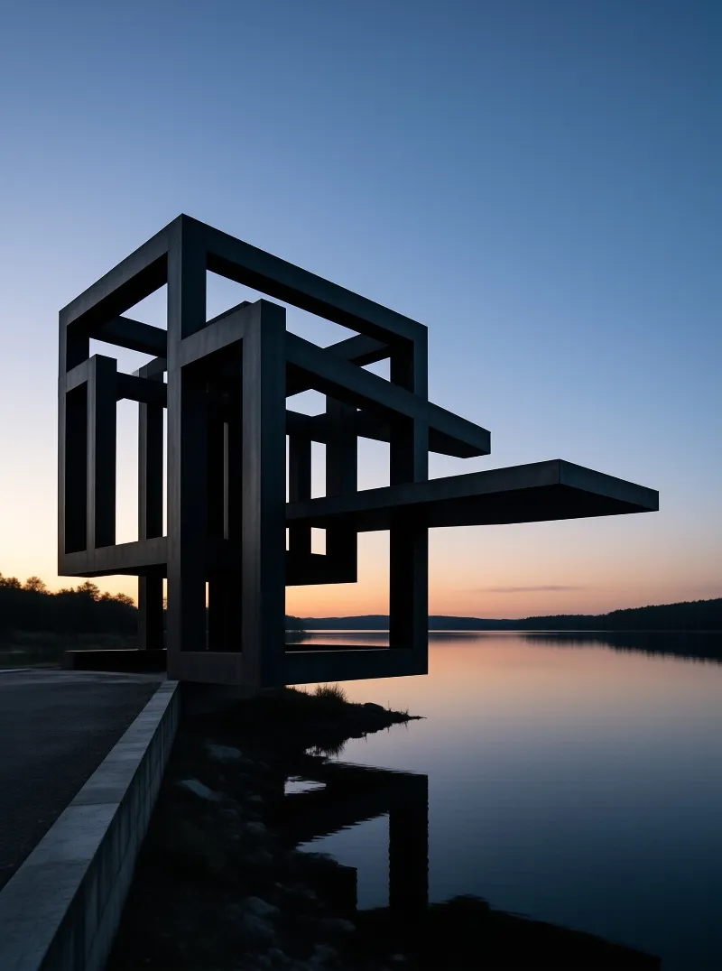 A large dark geometric structure stands on the shore reflecting in calm water under a twilight sky.