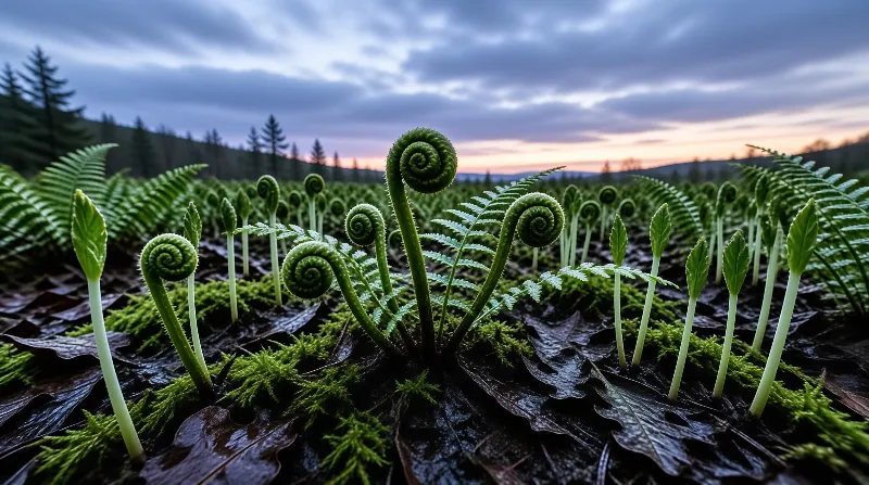 Fresh green fiddleheads unfurl above damp fallen leaves and moss in a dark coniferous forest under a dusky cloudy sky.