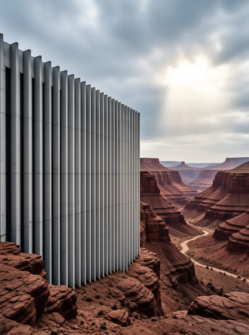 A curved white architectural structure with vertical slats stands on a cliff edge overlooking a vast red rock canyon and a winding river below, illuminated by sunlight breaking through heavy clouds in the distance.