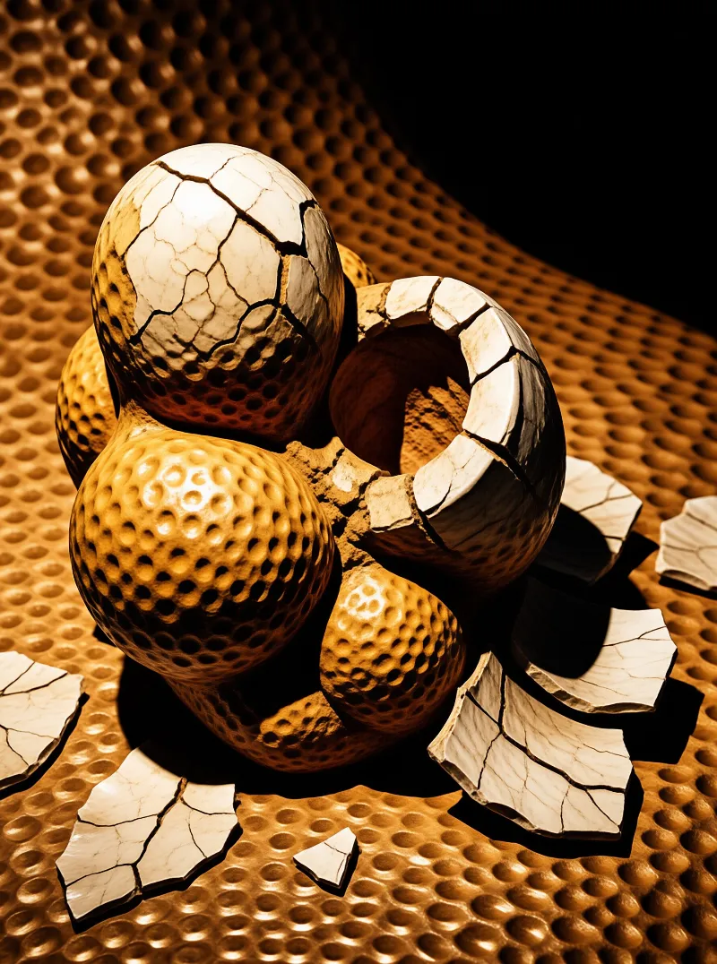 Cracked white golf ball shells expose dimpled golden spheres on a dimpled surface in warm light.