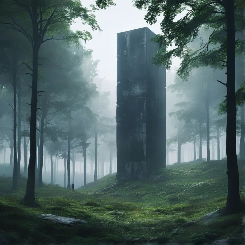 A towering stone monolith stands in a foggy forest with tall trees and a lone figure in the distance under soft morning light